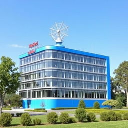 Seven-story television building for TeleRed, prominently featuring a blue facade and a large radial antenna on the roof