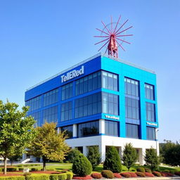 Seven-story television building for TeleRed, prominently featuring a blue facade and a large radial antenna on the roof