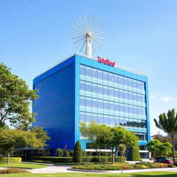 Seven-story television building for TeleRed, prominently featuring a blue facade and a large radial antenna on the roof