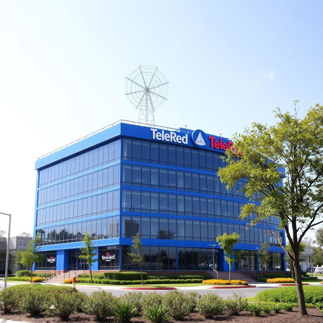 Seven-story television building for TeleRed, prominently featuring a blue facade and a large radial antenna on the roof