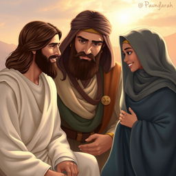 A beautifully illustrated scene depicting the figures of Jesus Christ, Imam Hussain, Abbas (Abu al-Fadl), and Rukayyah bint Hussain engaged in a deep and meaningful conversation