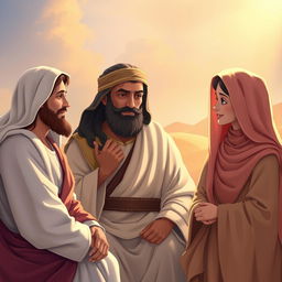 A beautifully illustrated scene depicting the figures of Jesus Christ, Imam Hussain, Abbas (Abu al-Fadl), and Rukayyah bint Hussain engaged in a deep and meaningful conversation