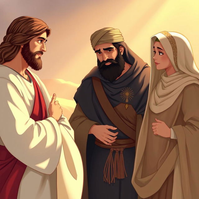 A beautifully illustrated scene depicting the figures of Jesus Christ, Imam Hussain, Abbas (Abu al-Fadl), and Rukayyah bint Hussain engaged in a deep and meaningful conversation