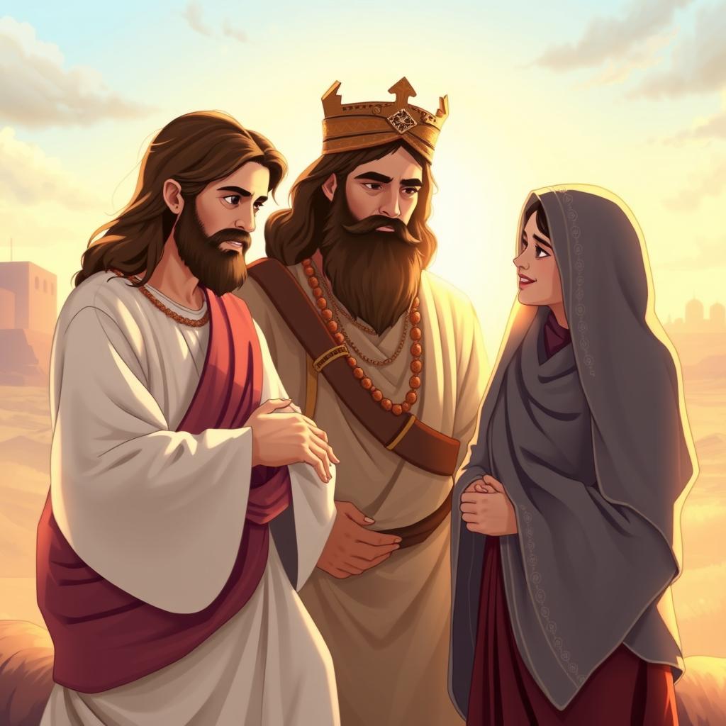 A beautifully illustrated scene depicting the figures of Jesus Christ, Imam Hussain, Abbas (Abu al-Fadl), and Rukayyah bint Hussain engaged in a deep and meaningful conversation