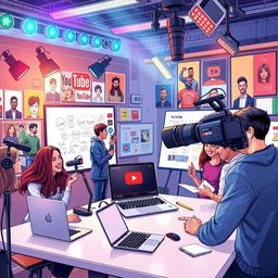 A vibrant illustration depicting a modern YouTube studio, showcasing an array of colorful LED lights, high-tech microphones, and a large camera aimed at a sleek desk with a laptop displaying the YouTube interface