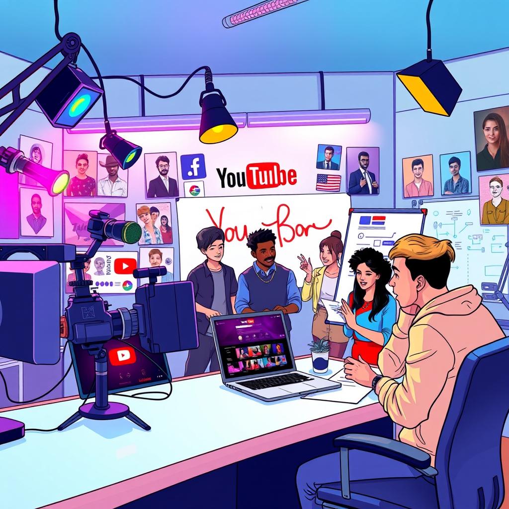A vibrant illustration depicting a modern YouTube studio, showcasing an array of colorful LED lights, high-tech microphones, and a large camera aimed at a sleek desk with a laptop displaying the YouTube interface