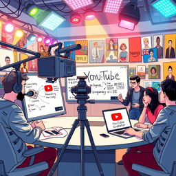 A vibrant illustration depicting a modern YouTube studio, showcasing an array of colorful LED lights, high-tech microphones, and a large camera aimed at a sleek desk with a laptop displaying the YouTube interface