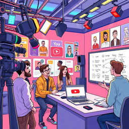A vibrant illustration depicting a modern YouTube studio, showcasing an array of colorful LED lights, high-tech microphones, and a large camera aimed at a sleek desk with a laptop displaying the YouTube interface