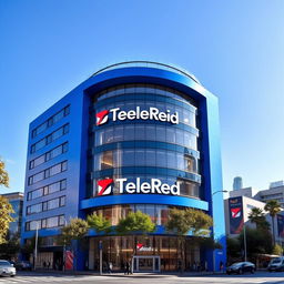 A modern seven-story building designed for the television channel TeleRed, painted in a vibrant blue color