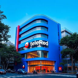 A modern seven-story building designed for the television channel TeleRed, painted in a vibrant blue color