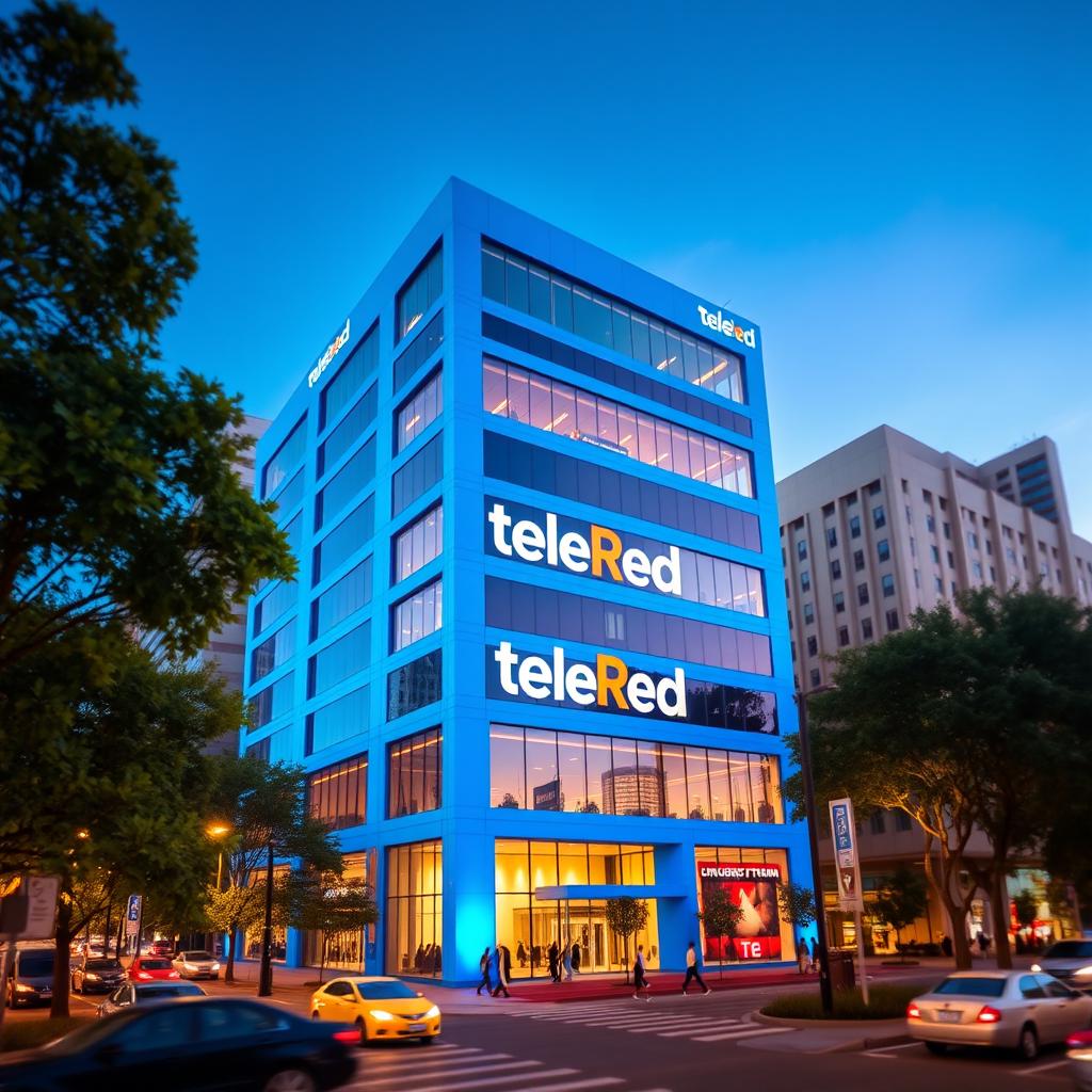 A modern seven-story building designed for the television channel TeleRed, painted in a vibrant blue color