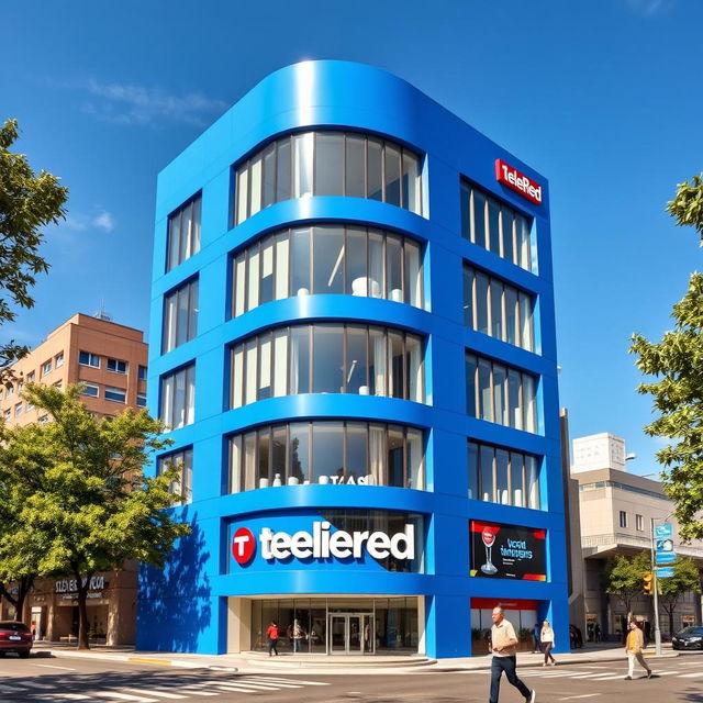 A modern seven-story building designed for the television channel TeleRed, painted in a vibrant blue color