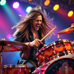 An energetic and passionate scene of a dashing drummer with long, flowing hair, completely immersed in playing the drums