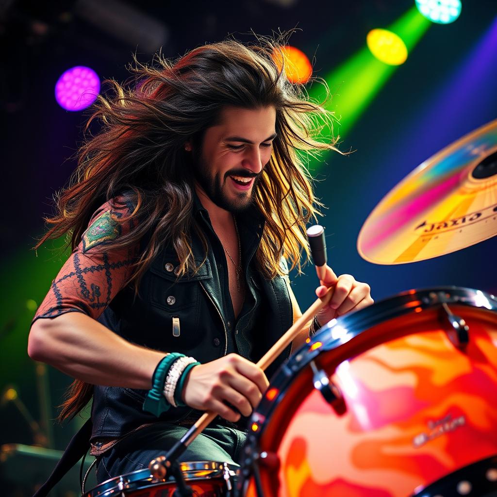 An energetic and passionate scene of a dashing drummer with long, flowing hair, completely immersed in playing the drums