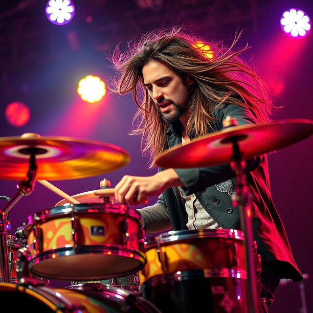 An energetic and passionate scene of a dashing drummer with long, flowing hair, completely immersed in playing the drums