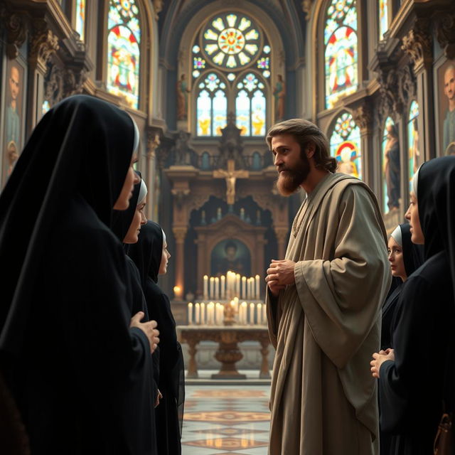 A serene scene in a beautifully designed church, featuring Jesus Christ, depicted as a Middle-Eastern man in traditional robes, engaging in a thoughtful conversation with a group of nuns dressed in classic black habits