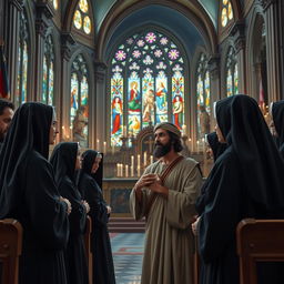 A serene scene in a beautifully designed church, featuring Jesus Christ, depicted as a Middle-Eastern man in traditional robes, engaging in a thoughtful conversation with a group of nuns dressed in classic black habits