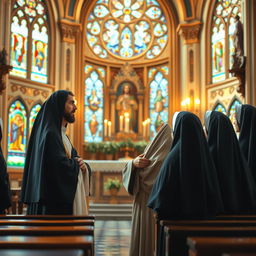 A serene scene in a beautifully designed church, featuring Jesus Christ, depicted as a Middle-Eastern man in traditional robes, engaging in a thoughtful conversation with a group of nuns dressed in classic black habits