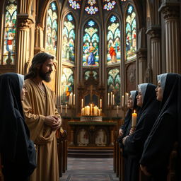 A serene scene in a beautifully designed church, featuring Jesus Christ, depicted as a Middle-Eastern man in traditional robes, engaging in a thoughtful conversation with a group of nuns dressed in classic black habits