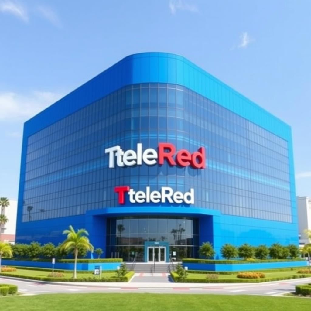 A giant building designed for the television channel TeleRed, primarily in a vibrant blue color