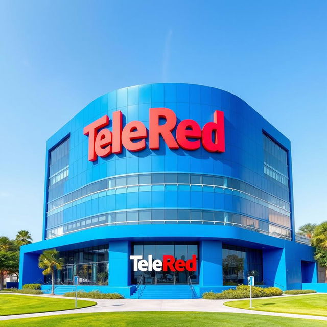 A giant building designed for the television channel TeleRed, primarily in a vibrant blue color