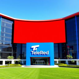 A giant building designed for the television channel TeleRed, primarily in a vibrant blue color