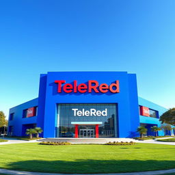 A giant building designed for the television channel TeleRed, primarily in a vibrant blue color