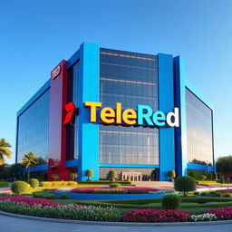 A giant building designed for the television channel TeleRed, primarily in a vibrant blue color