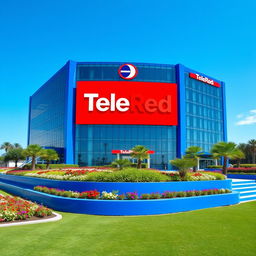 A giant building designed for the television channel TeleRed, primarily in a vibrant blue color