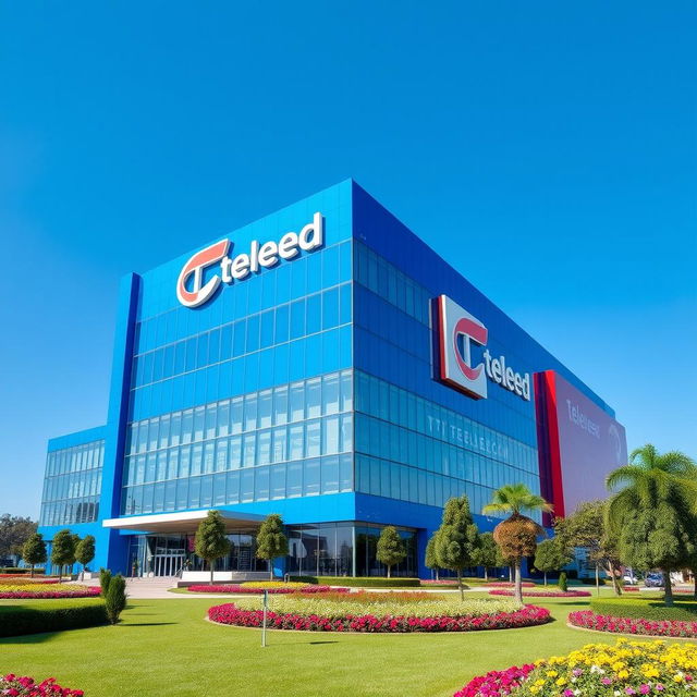 A giant building designed for the television channel TeleRed, primarily in a vibrant blue color