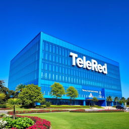 A giant building designed for the television channel TeleRed, primarily in a vibrant blue color