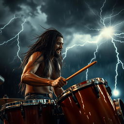 A captivating scene under a dark, stormy sky filled with dramatic lightning strikes illuminating the atmosphere