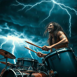 A captivating scene under a dark, stormy sky filled with dramatic lightning strikes illuminating the atmosphere