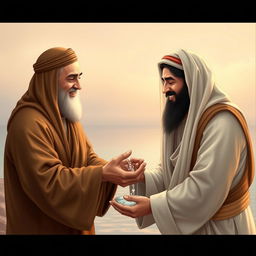 A serene and peaceful scene depicting Yazid and Imam Hussein sharing a moment of reconciliation, both with gentle smiles on their faces
