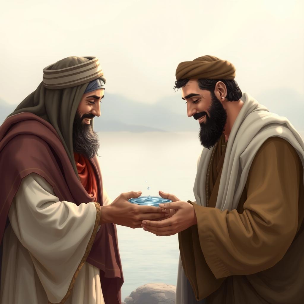 A serene and peaceful scene depicting Yazid and Imam Hussein sharing a moment of reconciliation, both with gentle smiles on their faces