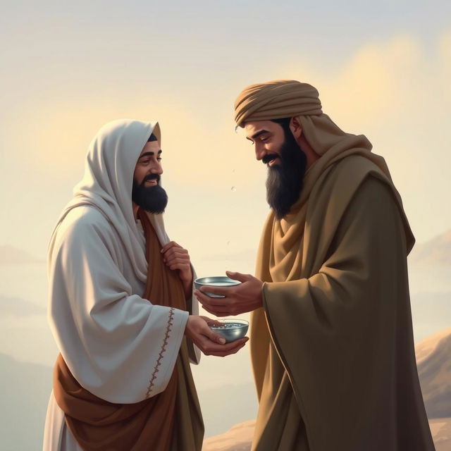 A serene and peaceful scene depicting Yazid and Imam Hussein sharing a moment of reconciliation, both with gentle smiles on their faces