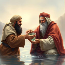 A serene and peaceful scene depicting Yazid and Imam Hussein sharing a moment of reconciliation, both with gentle smiles on their faces