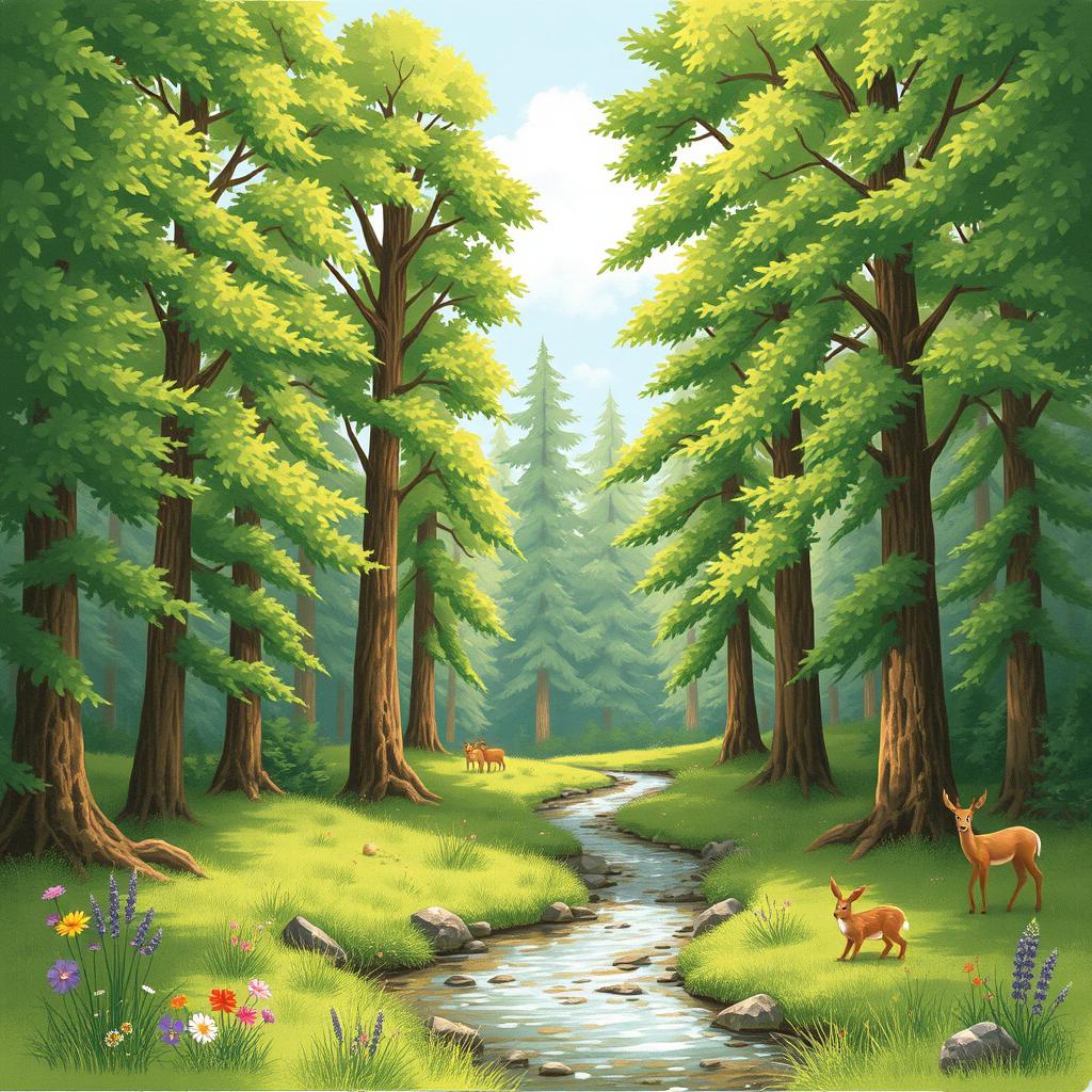 A beautifully hand-drawn illustration of a serene forest scene, featuring tall, majestic trees with lush green leaves, dappled sunlight filtering through the branches, and a gentle stream flowing through the forest floor