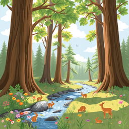 A beautifully hand-drawn illustration of a serene forest scene, featuring tall, majestic trees with lush green leaves, dappled sunlight filtering through the branches, and a gentle stream flowing through the forest floor