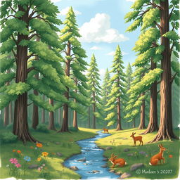 A beautifully hand-drawn illustration of a serene forest scene, featuring tall, majestic trees with lush green leaves, dappled sunlight filtering through the branches, and a gentle stream flowing through the forest floor