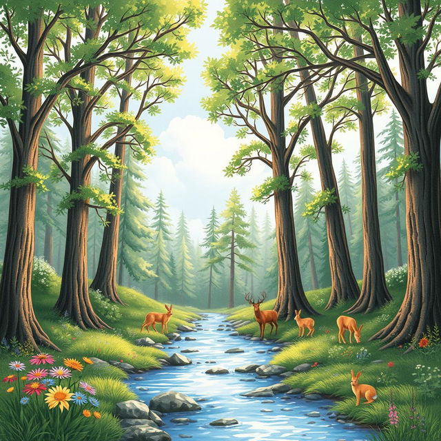 A beautifully hand-drawn illustration of a serene forest scene, featuring tall, majestic trees with lush green leaves, dappled sunlight filtering through the branches, and a gentle stream flowing through the forest floor