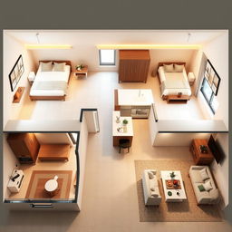 Interior design for a single-story house featuring three bedrooms, one bathroom, a kitchen, and a living room