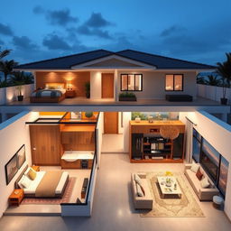 Interior design for a single-story house featuring three bedrooms, one bathroom, a kitchen, and a living room
