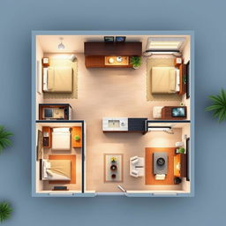 Interior design for a single-story house featuring three bedrooms, one bathroom, a kitchen, and a living room