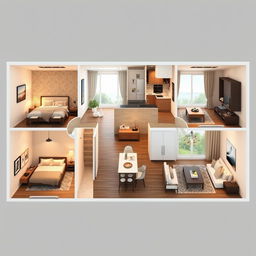 Interior design for a single-story house featuring three bedrooms, one bathroom, a kitchen, and a living room