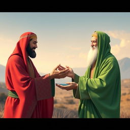 A peaceful scene depicting Yazid in a striking red outfit and Imam Hussain in a vibrant green attire, both wearing warm smiles on their faces