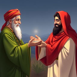 A peaceful scene depicting Yazid in a striking red outfit and Imam Hussain in a vibrant green attire, both wearing warm smiles on their faces