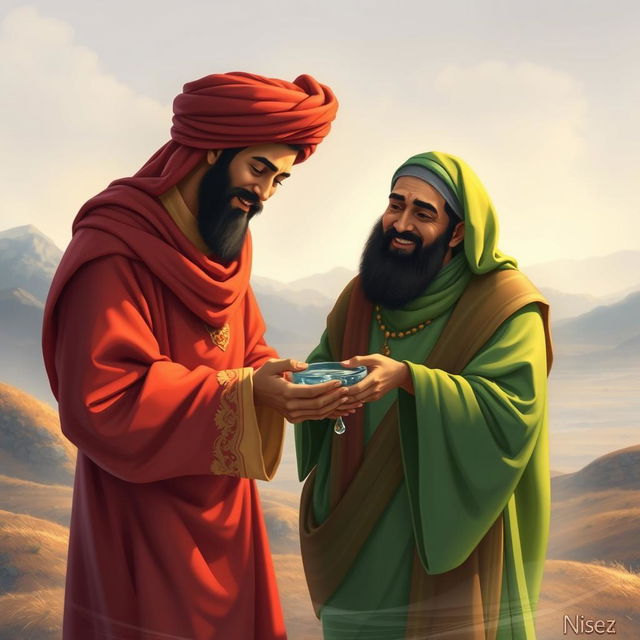 A peaceful scene depicting Yazid in a striking red outfit and Imam Hussain in a vibrant green attire, both wearing warm smiles on their faces