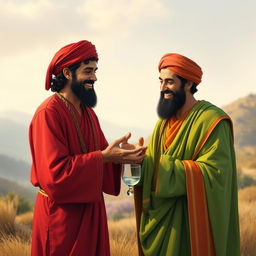 A peaceful scene depicting Yazid in a striking red outfit and Imam Hussain in a vibrant green attire, both wearing warm smiles on their faces