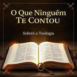 Create a book cover titled "O Que Ninguém Te Contou" prominently displayed at the top, with "Sobre a Teologia" positioned just below in a separate line